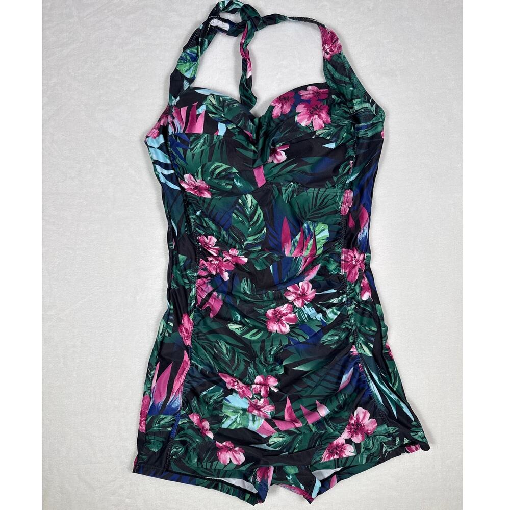Floral Halter One-Piece Swim Romper - Black & Green